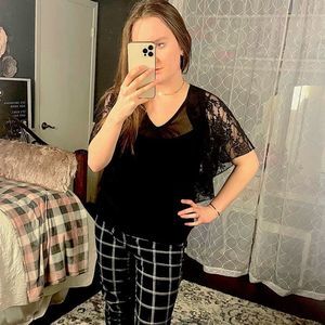 EXPRESS sheer top with lace sleeves